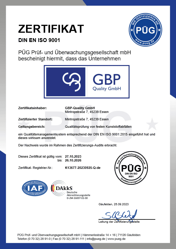 Zertifikat DIN ISO 9001 GBP-Quality-GmbH